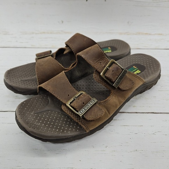 Skechers Reggae Jammin Womens 8 Brown Leather Slip On Buckle Slide Sandals 46795 - Picture 1 of 10